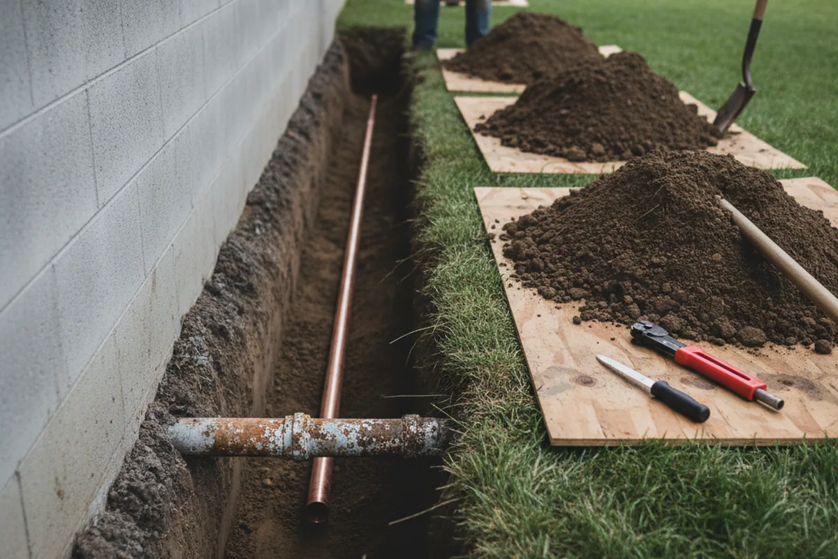 Excavated water line trench during Water Softener Installation in Garnerville
